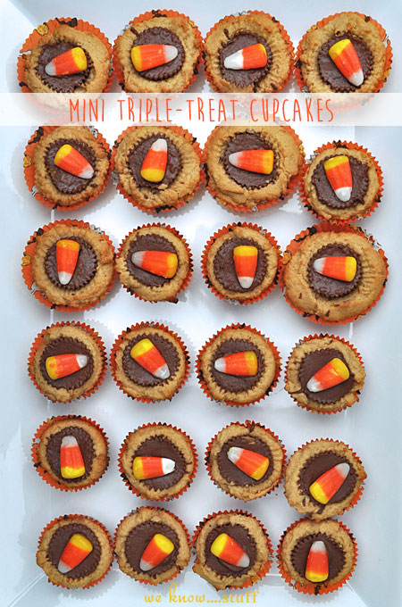 Triple-Treat! Get it? Trick or treat? Sigh. Nevermind, these cute and creative mini Halloween cupcakes are the perfect size for small hands. They are easy to make and fun to decorate.