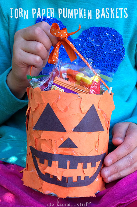 These pumpkin baskets are a simple project that can be done with materials you have at home. Children love ripping paper into various shapes and sizes.