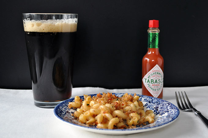 his homemade Baked Mac And Cheese With Crunchy Topping recipe gets it's crunch from crispy bacon and panko, and it's spicy kick from tabasco sauce! 