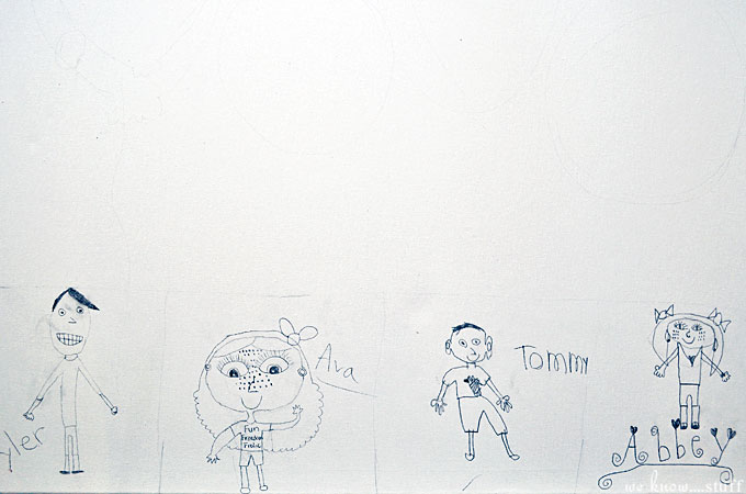  This DIY canvas wall art project is a simple, cheap way to add original artwork to your home. Caricatures of the kids and thumbprint balloons keep it sweet. 