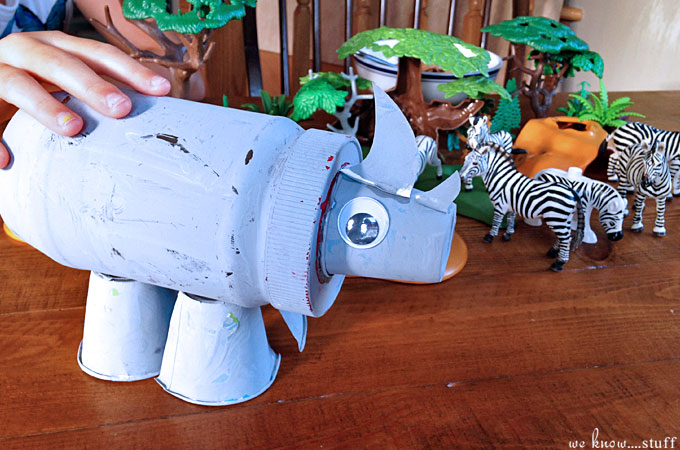 You can easily create this fun Recycled Rhino Craft with your kids. All you need is a peanut butter jar, a few dixie cups and paint!