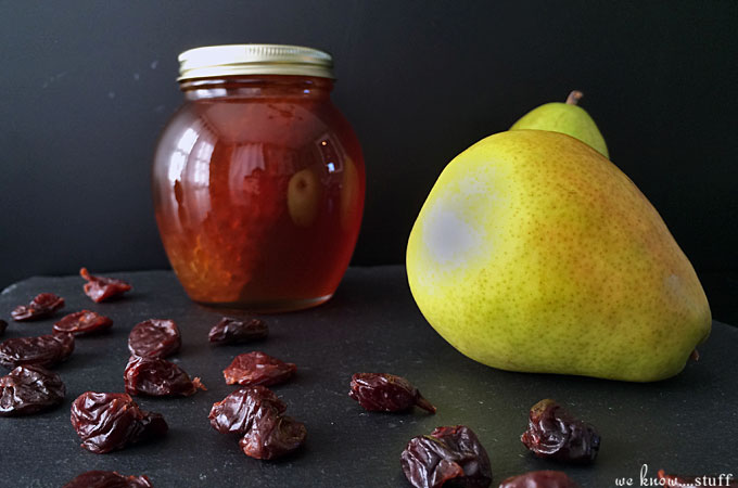 My Honey Pear Preserves Recipe is a delicious accompaniment to any cheese platter. Made with dried cherries and an edible honeycomb, it's a perfect party appetizer and goes great with soft cheeses like Brie, Camembert or Reblochon.