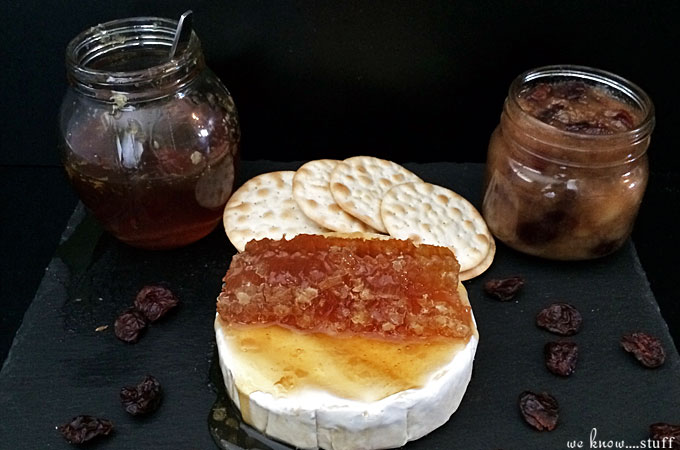 My Honey Pear Preserves Recipe is a delicious accompaniment to any cheese platter. Made with dried cherries and an edible honeycomb, it's a perfect party appetizer and goes great with soft cheeses like Brie, Camembert or Reblochon.