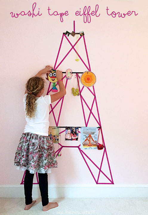 Washi Tape Wall Decor. Do you have a blank wall in your home that you struggle to decorate? I do; it's in my daughter's bedroom so we made The Eiffel Tower.