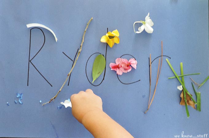 A Kids Nature Hunt is one of the best ways to explore your neighborhood. This creative nature art craft will spark your child's imagination and help younger children learn how to spell and write their names!