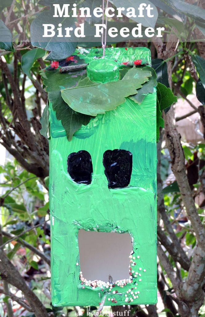 This Minecraft Creeper Milk Container Bird Feeder is an awesome way to get kids involved with nature. It's also a great recycling craft for sunny weekend afternoons! 