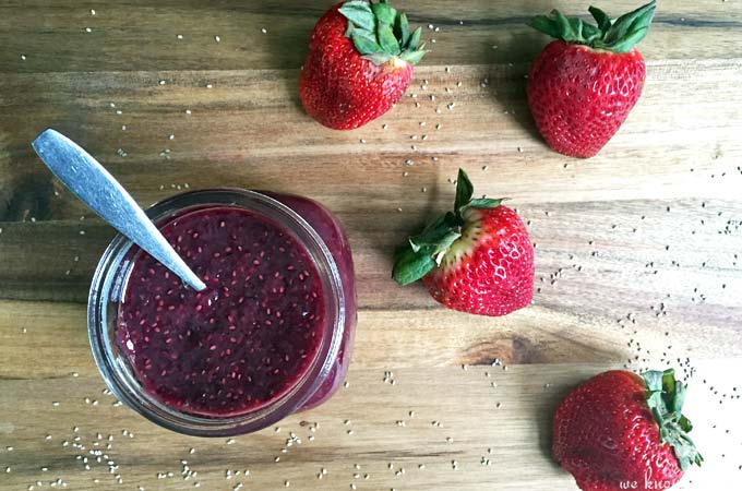 This homemade wild berry chia jam is a great way to use up overripe berries like blackberries, blueberries, raspberries, and strawberries. Frozen berries work well too!