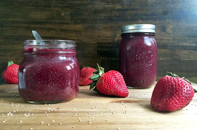 This homemade wild berry chia jam is a great way to use up overripe berries like blackberries, blueberries, raspberries, and strawberries. Frozen berries work well too!