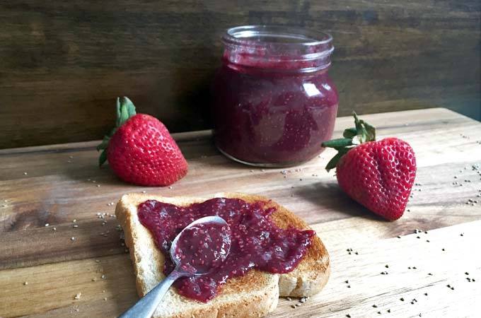 This homemade wild berry chia jam is a great way to use up overripe berries like blackberries, blueberries, raspberries, and strawberries. Frozen berries work well too!