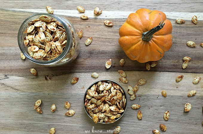 This easy snack recipe for Spicy Toasted Pumpkin Seeds falls on the savory side, tossed with paprika, onion powder, garlic powder, salt, and pepper. Yum!