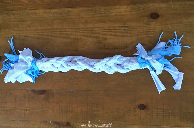 Make Your Own Dogs Toys like this Braided T-Shirt Tug Of War toy. Dogs love having a special toy that smells just like one of their favorite humans.