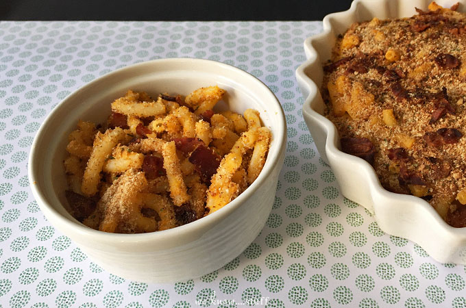 Annie's Mac and Cheese with breadcrumbs and bacon. We've also made it with broccoli, butternut squash, peas, and leftover taco meat or shredded chicken.