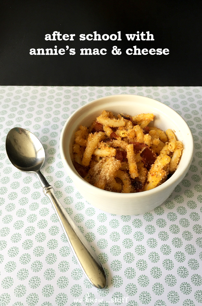 Annie's Mac and Cheese with breadcrumbs and bacon. We've also made it with broccoli, butternut squash, peas, and leftover taco meat or shredded chicken.