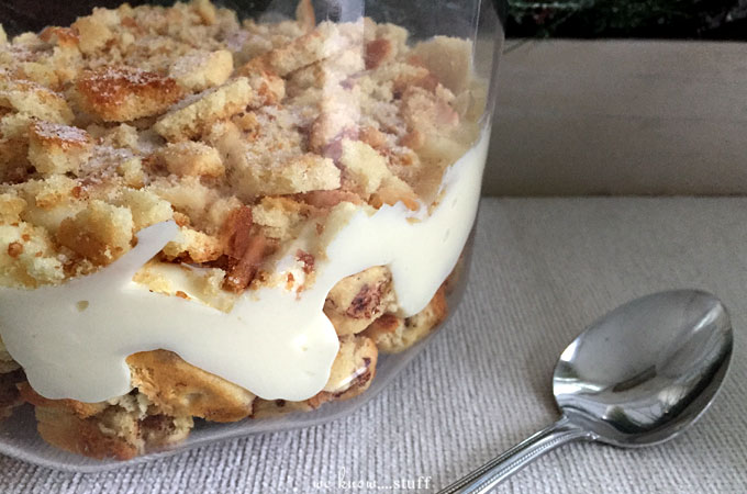 This simple trifle recipe uses cinnamon buns, sugar cookies and vanilla pudding. This easy dessert recipe is a sweet treat for the holiday season.