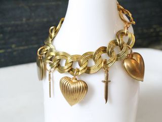 Vintage Chunky Charm Bracelet, Puffy Hearts and Daggers, Vintage Chunky Charm Bracelet, Puffy Hearts and Daggers,