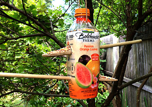 These recycled plastic bottle bird feeders are a great way to help keep trash out of the recycling bin for a little while longer. Recycled Bolthouse Bottle Birdfeeders | www.weknowstuff.us.com | We Know Stuff
